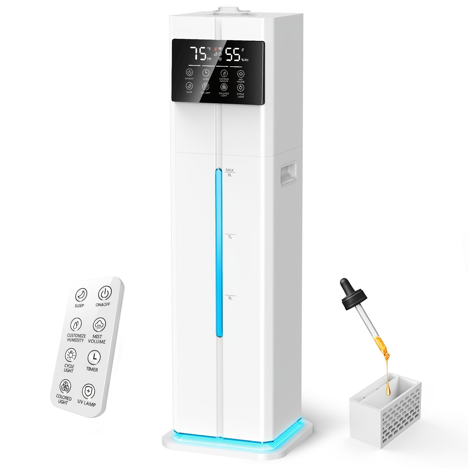 2.4Gal 9L Humidifiers for Large Rooms, Cool Mist Humidifiers for Up to 500ft², Top-Fill Diffuser with Ambient Light, 360° Nozzle, 4 Speed Settings, Remote Control, 60-Hour Runtime, 35dB Quiet Humidifier for Bedroom, Home, Office, and Plants