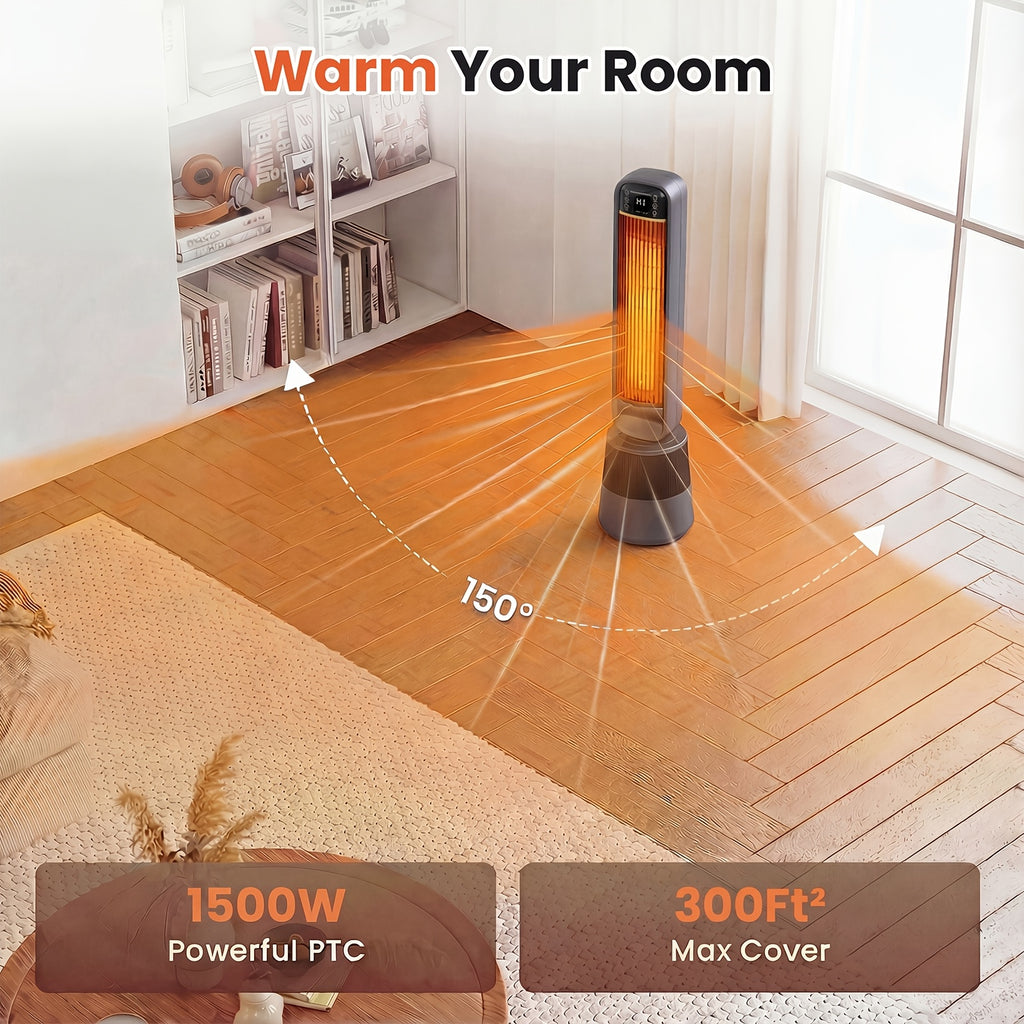 1500W PTC Heater Featuring a Humidifier, 3D Flame Oscillating Tower Heater Suitable for Spacious Areas, 12-Hour Timer, And a Portable Electric Heater Ideal for Bedrooms And Indoor Settings
