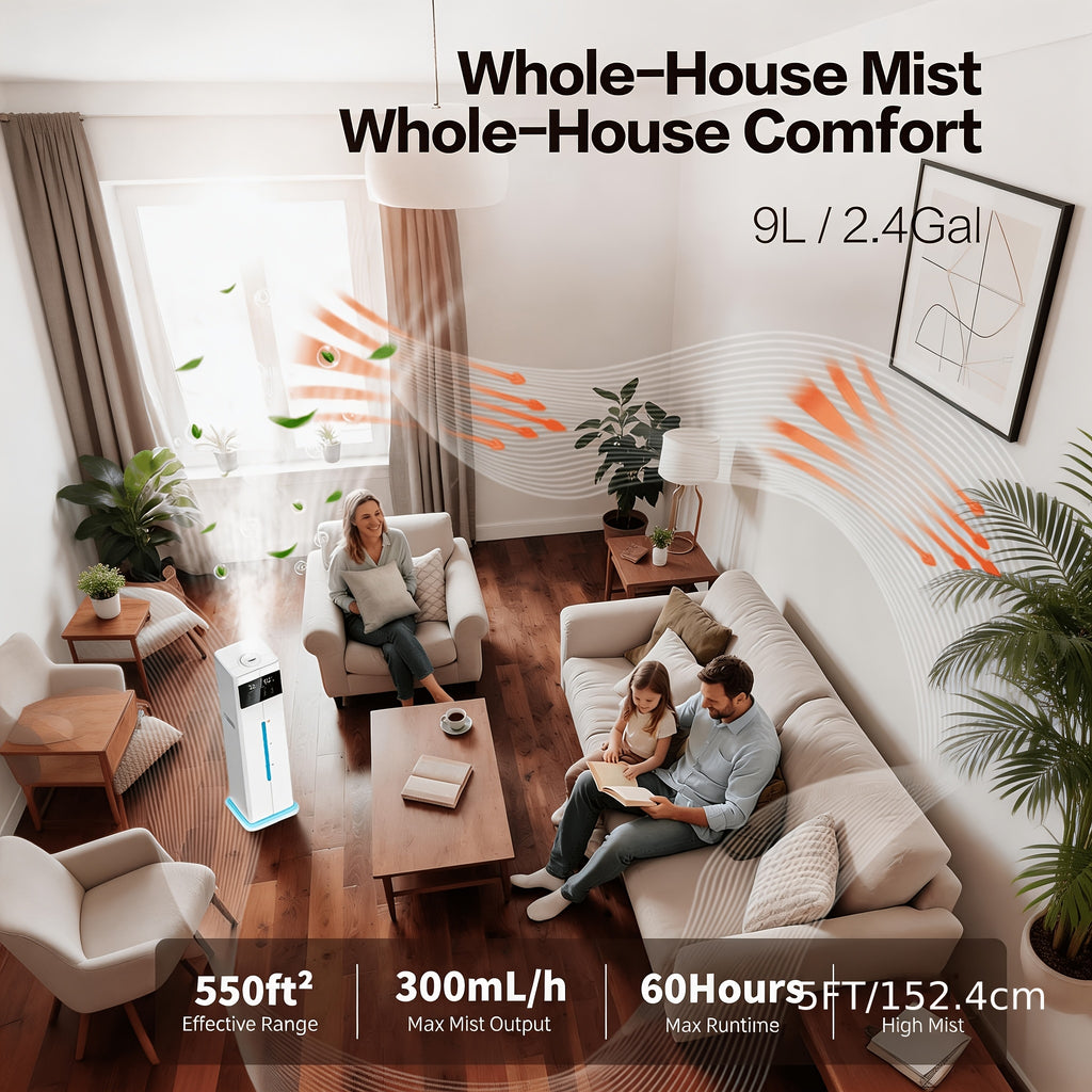 2.4Gal 9L Humidifiers for Large Rooms, Cool Mist Humidifiers for Up to 500ft², Top-Fill Diffuser with Ambient Light, 360° Nozzle, 4 Speed Settings, Remote Control, 60-Hour Runtime, 35dB Quiet Humidifier for Bedroom, Home, Office, and Plants