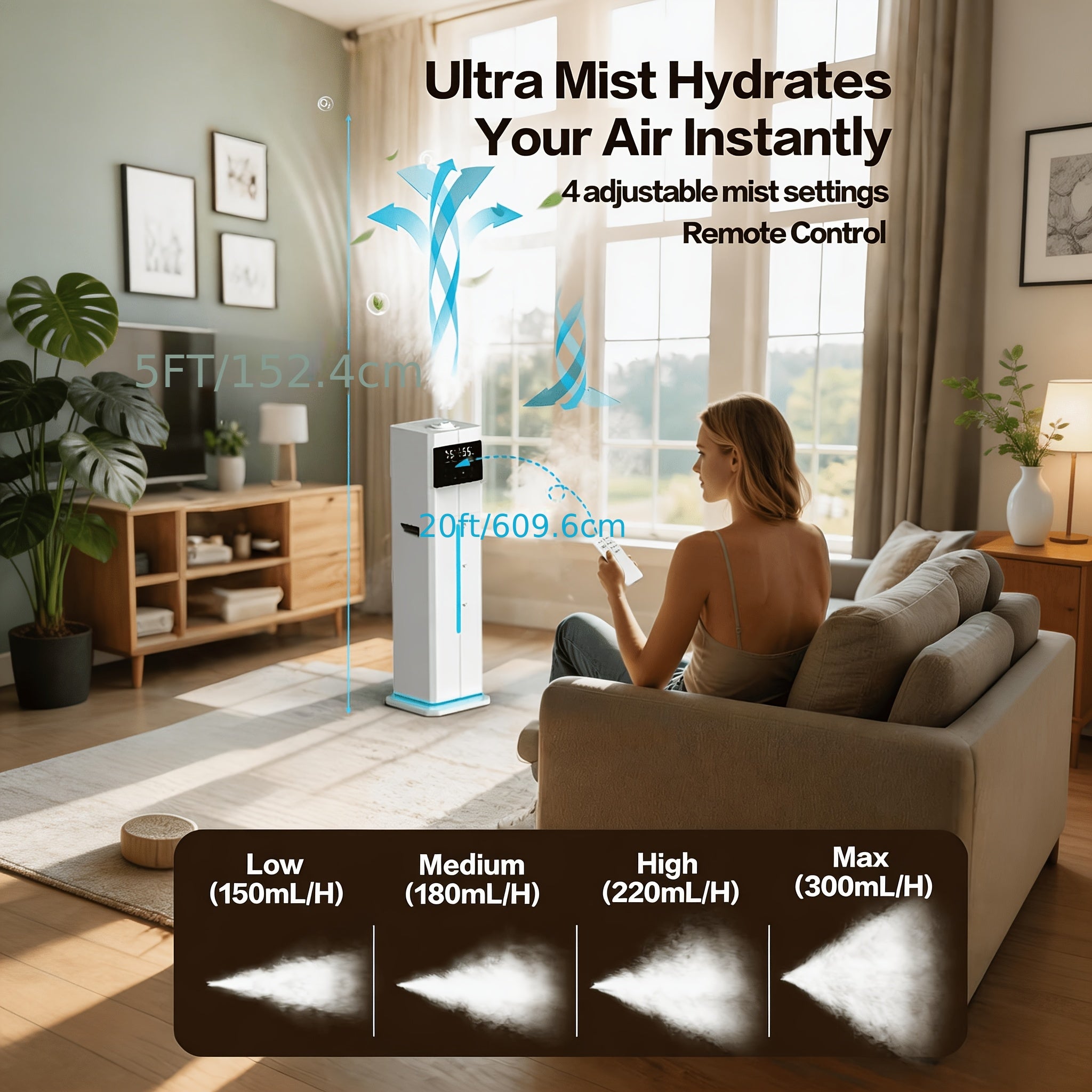 2.4Gal 9L Humidifiers for Large Rooms, Cool Mist Humidifiers for Up to 500ft², Top-Fill Diffuser with Ambient Light, 360° Nozzle, 4 Speed Settings, Remote Control, 60-Hour Runtime, 35dB Quiet Humidifier for Bedroom, Home, Office, and Plants