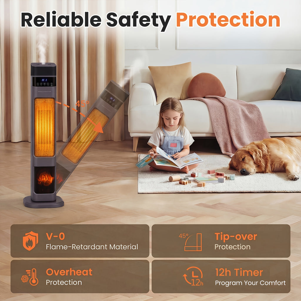 1500W PTC Heater Featuring a Humidifier, 3D Flame Oscillating Tower Heater Suitable for Spacious Areas, 12-Hour Timer, And a Portable Electric Heater Ideal for Bedrooms And Indoor Settings