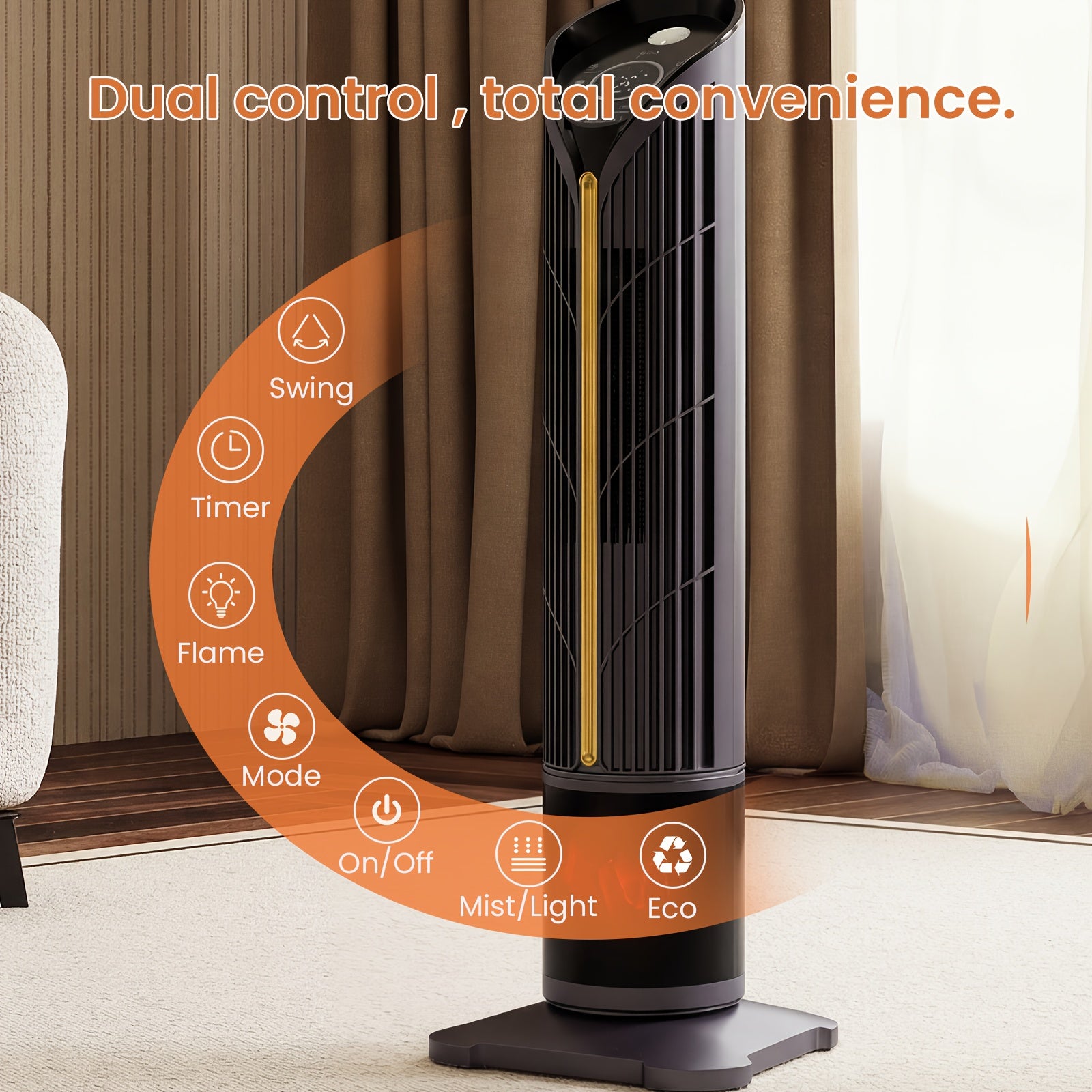 1500W PTC Heater Featuring a Humidifier, 3D Flame Oscillating Tower Heater Suitable for Spacious Areas, 12-Hour Timer, And a Portable Electric Heater Ideal for Bedrooms And Indoor Settings