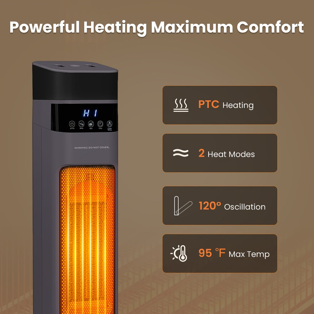 1500W PTC Heater Featuring a Humidifier, 3D Flame Oscillating Tower Heater Suitable for Spacious Areas, 12-Hour Timer, And a Portable Electric Heater Ideal for Bedrooms And Indoor Settings