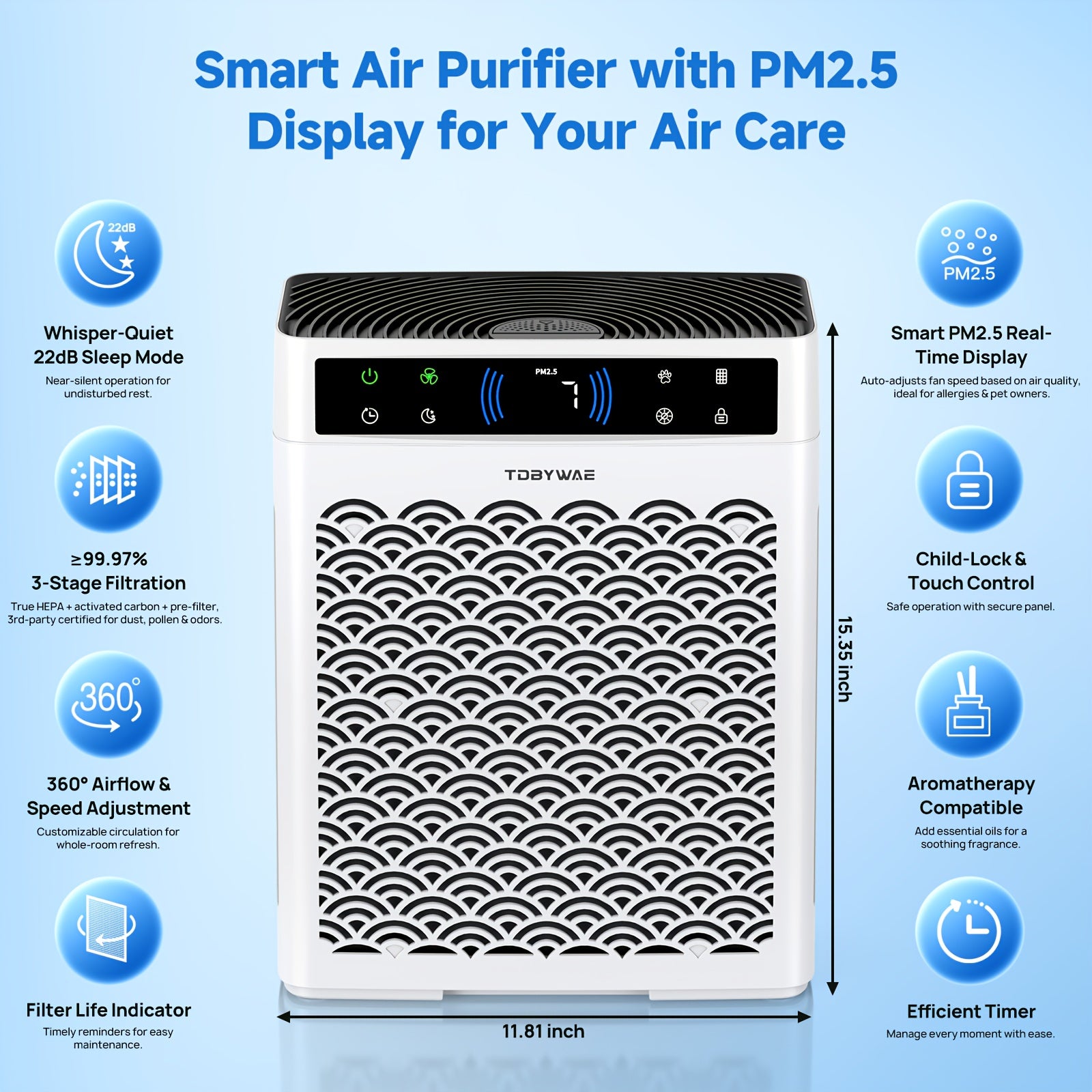 Air Purifier for Home Large Room with Activated Carbon & True HEPA Air Filters Up to 99.97% Of Dust Smoke Smell Hair, Air Purifier, Air Cleaner Office, Dorm Room, Bedroom TDBYWAE