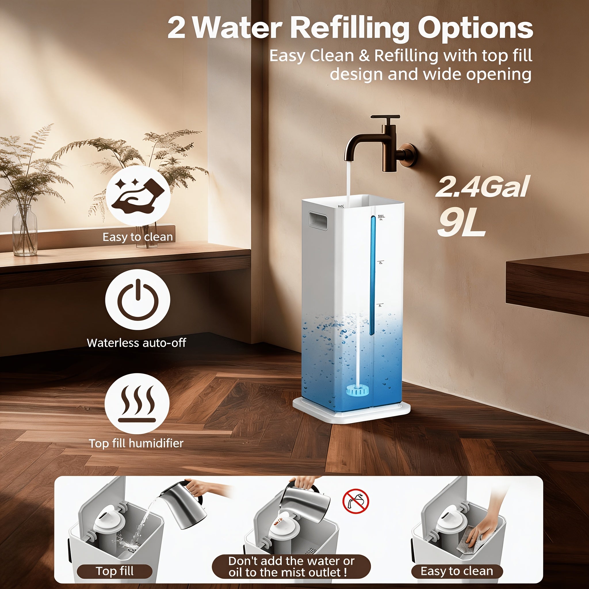 2.4Gal 9L Humidifiers for Large Rooms, Cool Mist Humidifiers for Up to 500ft², Top-Fill Diffuser with Ambient Light, 360° Nozzle, 4 Speed Settings, Remote Control, 60-Hour Runtime, 35dB Quiet Humidifier for Bedroom, Home, Office, and Plants