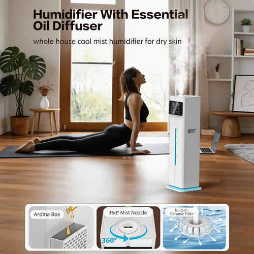 2.4Gal 9L Humidifiers for Large Rooms, Cool Mist Humidifiers for Up to 500ft², Top-Fill Diffuser with Ambient Light, 360° Nozzle, 4 Speed Settings, Remote Control, 60-Hour Runtime, 35dB Quiet Humidifier for Bedroom, Home, Office, and Plants