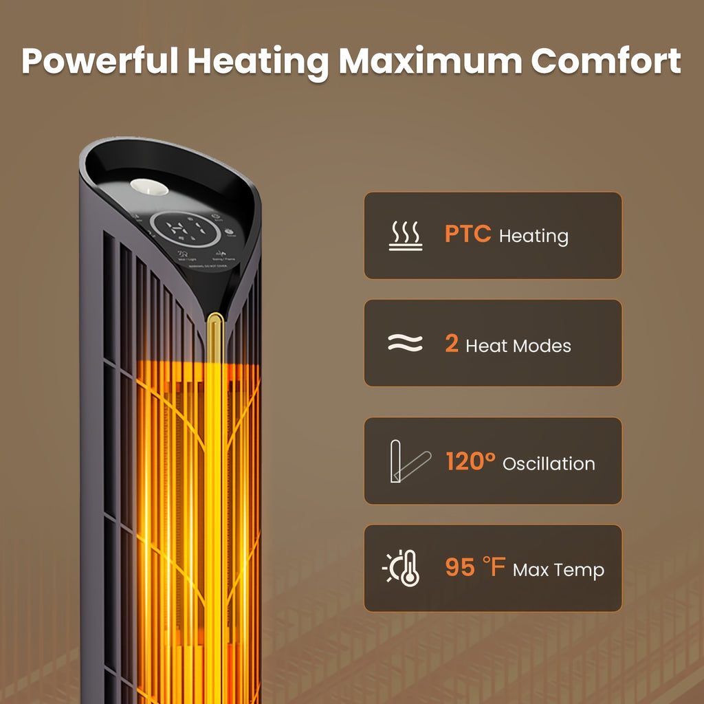 1500W PTC Heater Featuring a Humidifier, 3D Flame Oscillating Tower Heater Suitable for Spacious Areas, 12-Hour Timer, And a Portable Electric Heater Ideal for Bedrooms And Indoor Settings